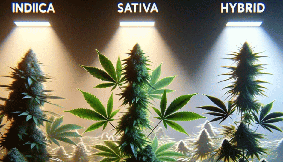 Indica, sativa and hybrid cannabis plants side by side