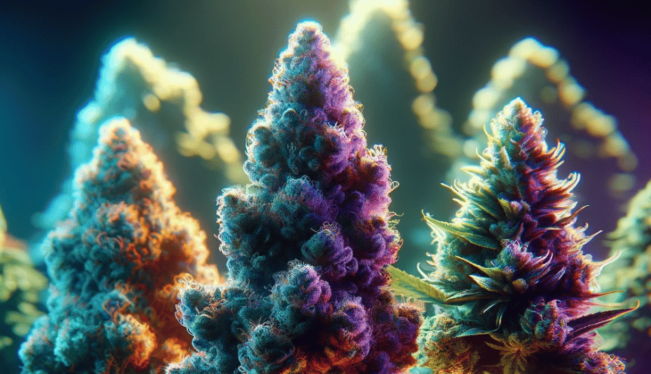 Close-up of colorful cannabis buds