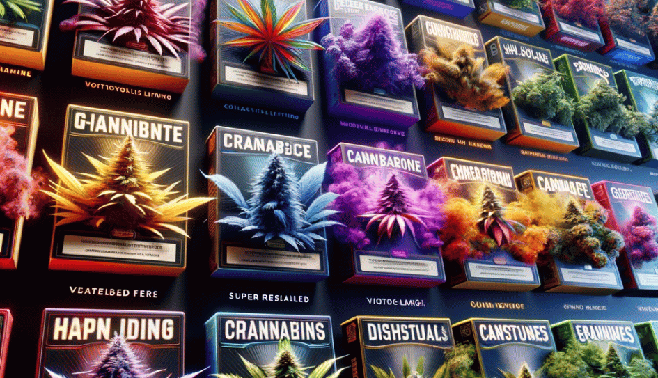 Rows of cannabis product packages labeled with strain names