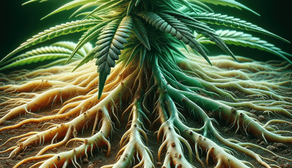 Cannabis plant roots spreading through the soil